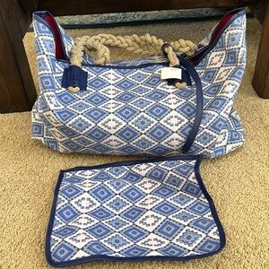 Theodora & Callym for Stuart Weizmann blue printed beach bag with pouch.